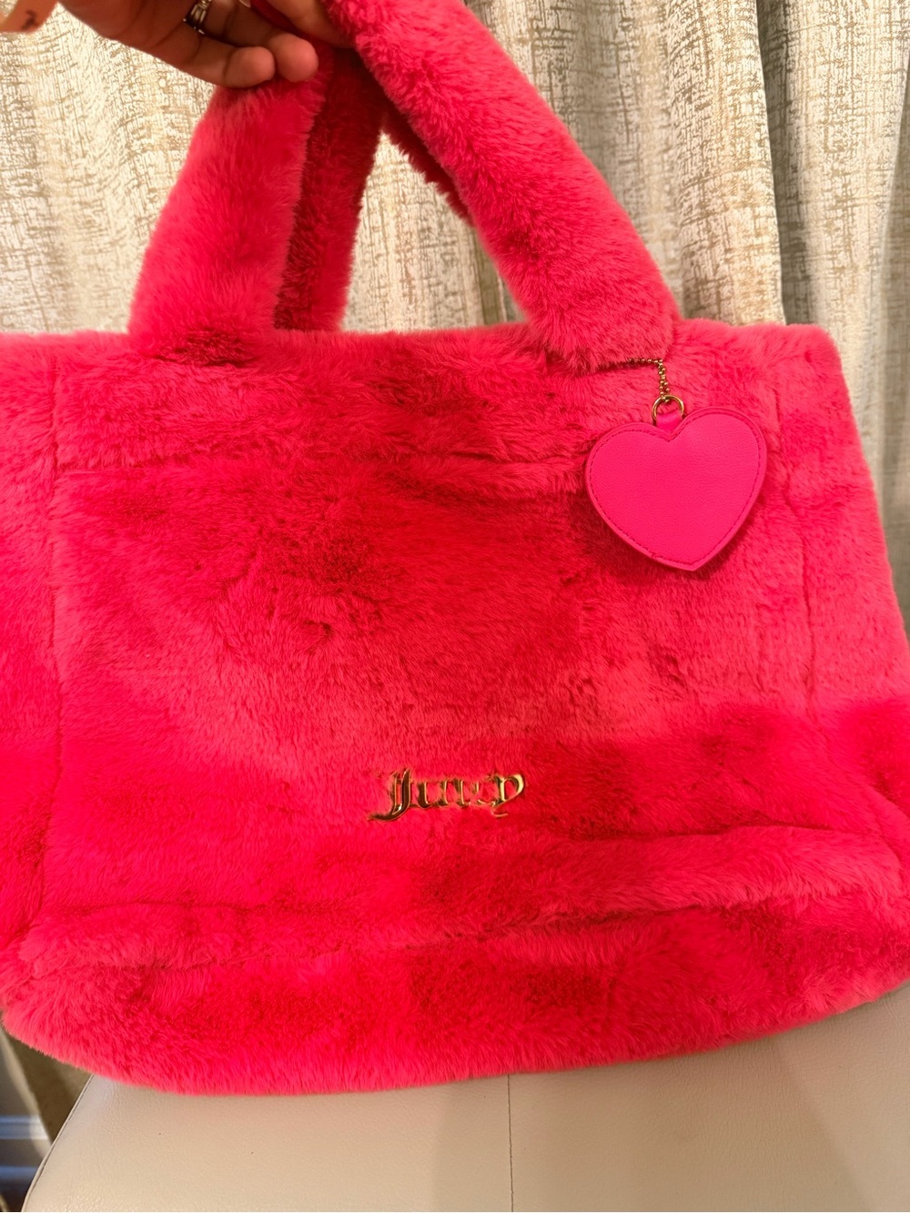 Juicy Couture Bright Pink Faux Fur Tote with Heart Charm